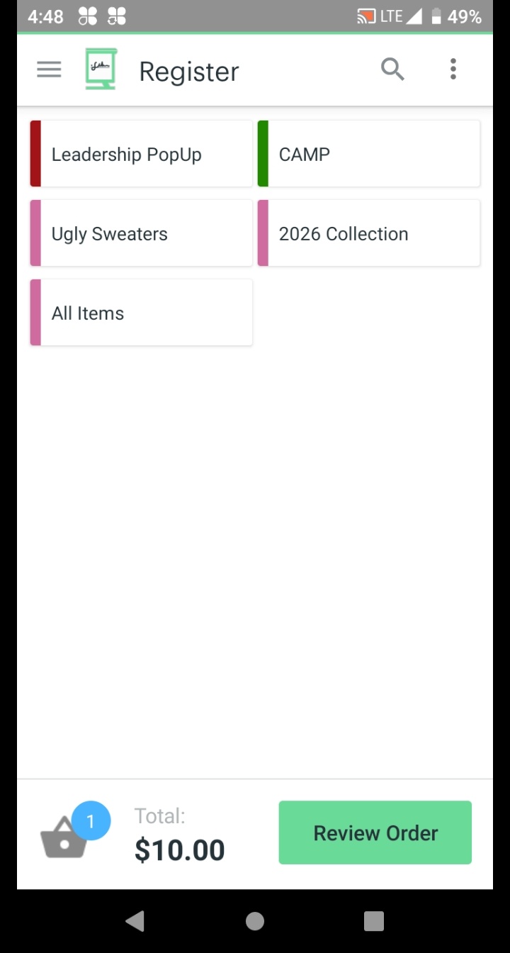 Register screen with item in cart and updated total visible.